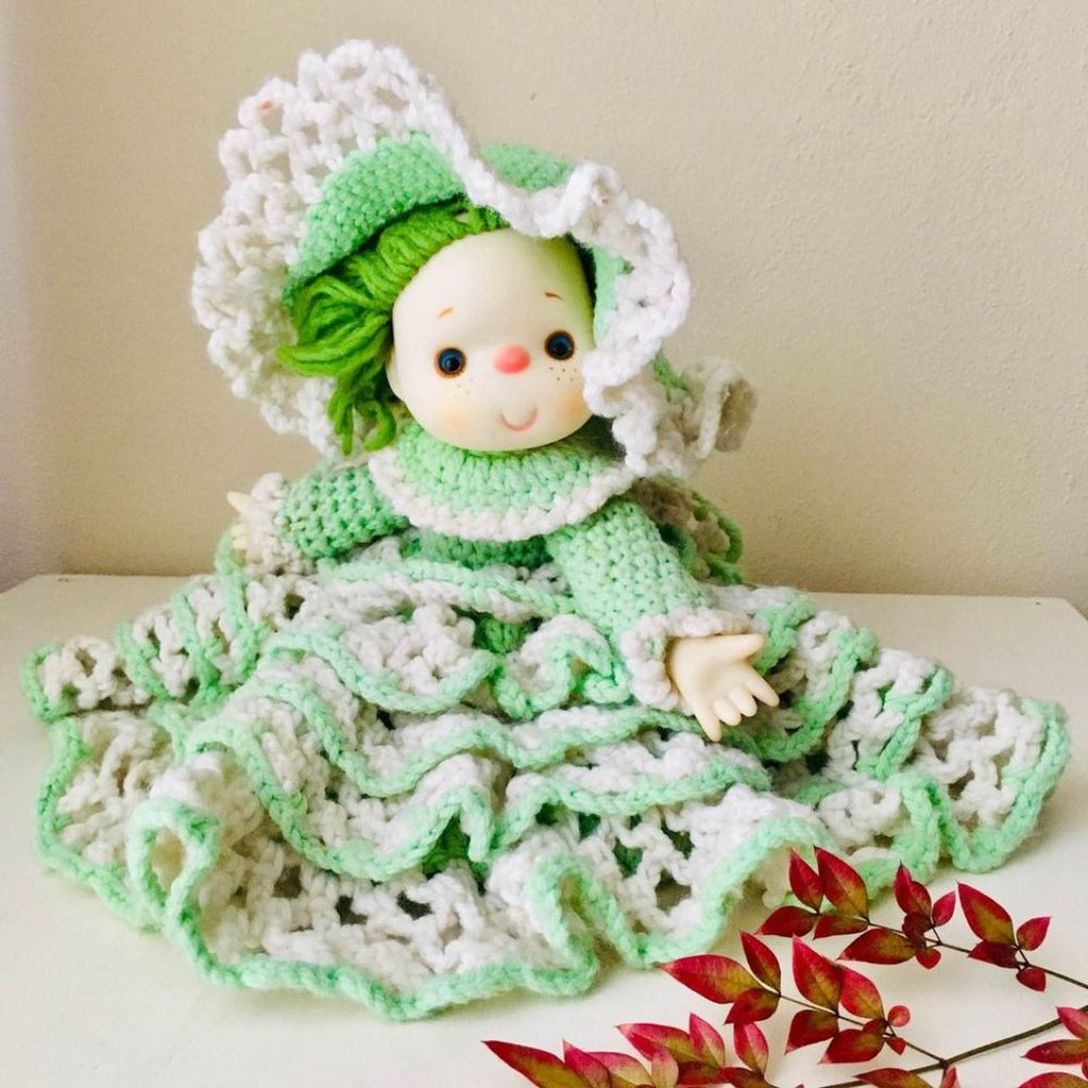 LP Vintage 80s Southern Belle Baby Doll Antebellum Gown Hat | Green White